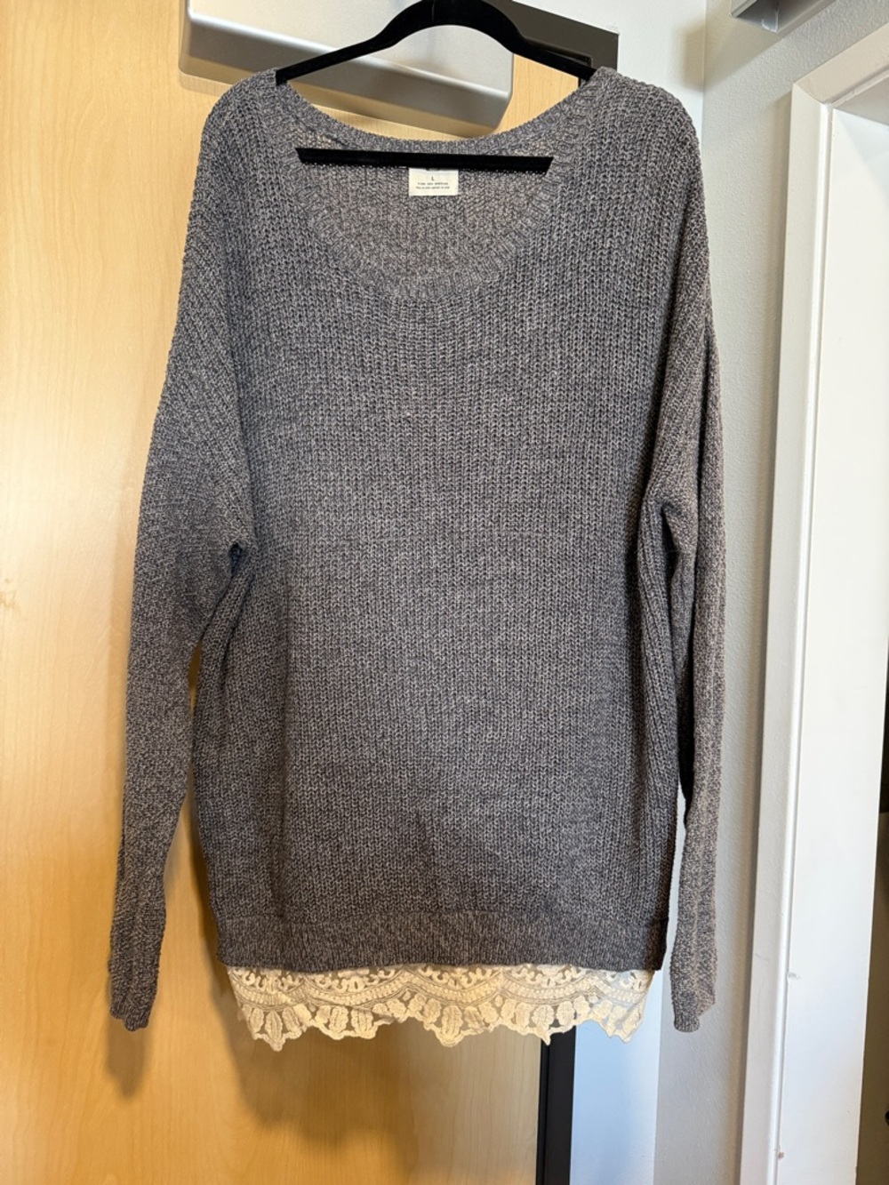 Pins & Needles Gray Crewneck Sweater with Cream Lace Trim